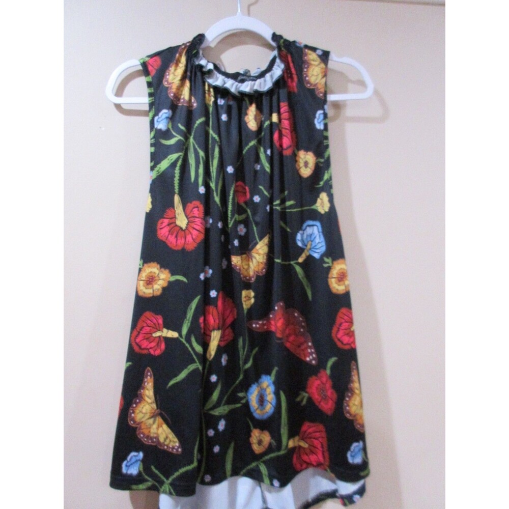 LOVEU.DEAR Blouse Women 1XL Black Sleeveless Butterfly & Floral Print